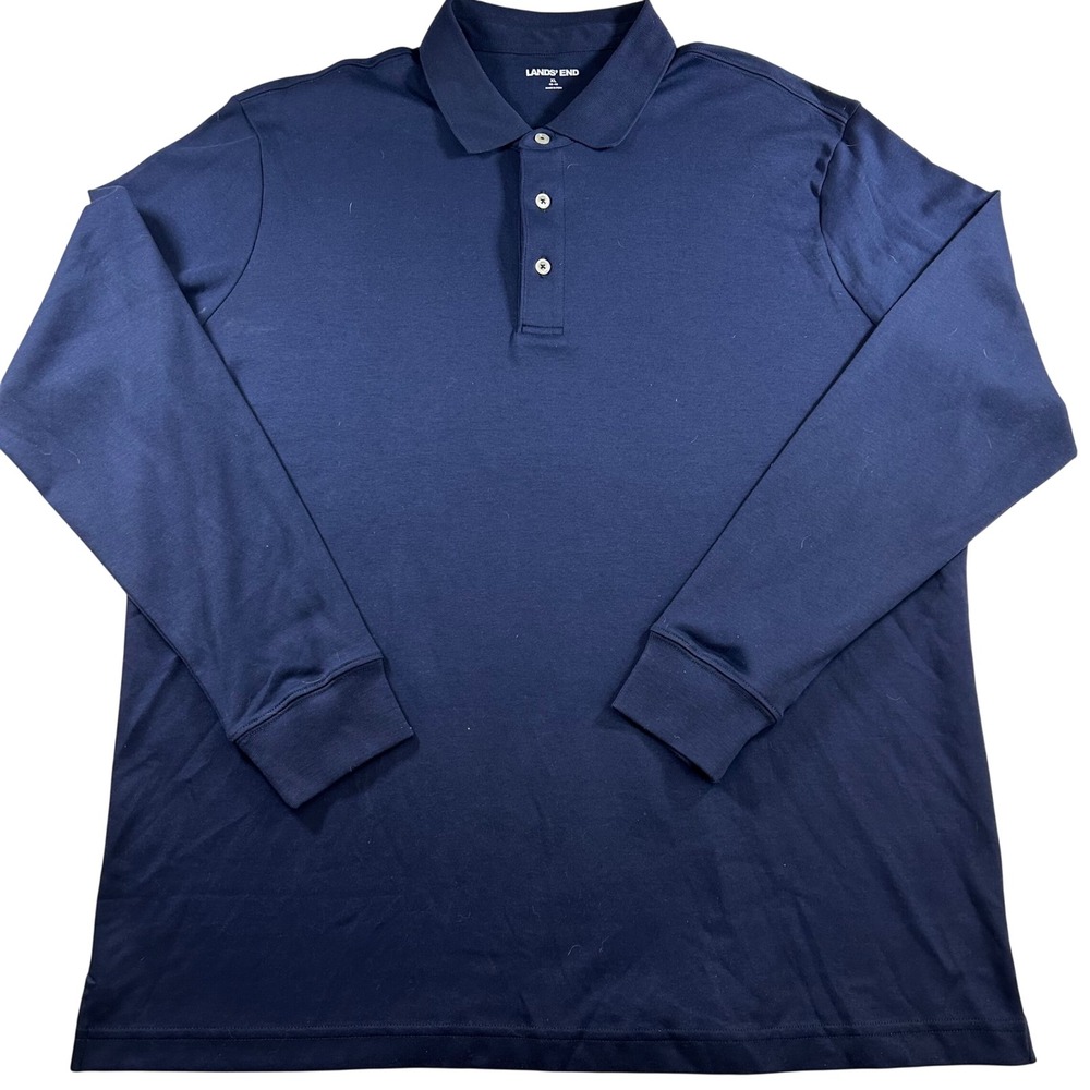 Lands' End Mens Long‎ Sleeve Polo Shirt Navy 100% Cotton XL Outdoor Golf Quality